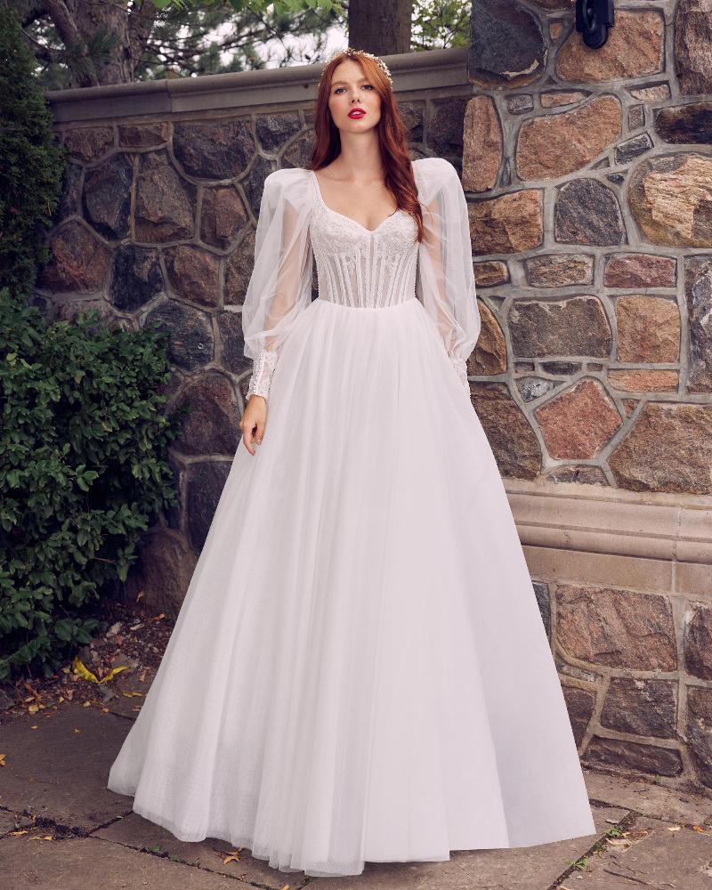 La22118 lace and tulle wedding dress with tank straps and removable long sleeves3
